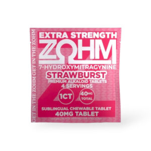 ZOHM Extra Strength Strawburst 40mg 7-OH chewable tablets pink pouch